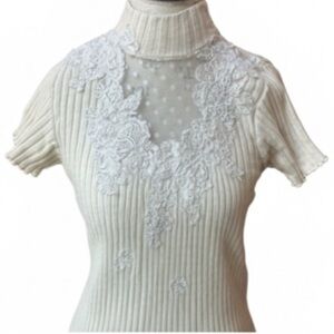 *Vintage* Terrie Bulkin Cream Short Sleeve Mock Neck Top With Lace Small EUC!